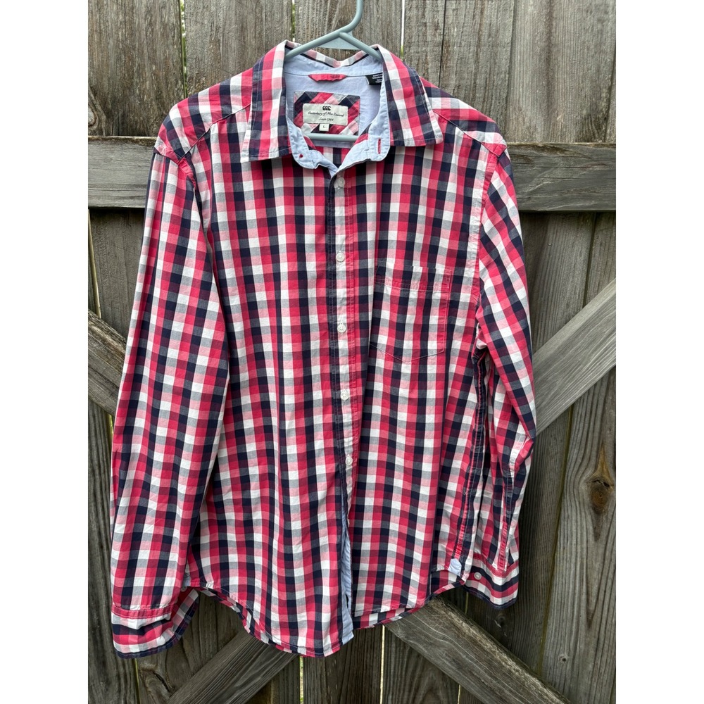 Canterbury of New Zealand Mens Red Navy Check Cotton Button Down Shirt Large